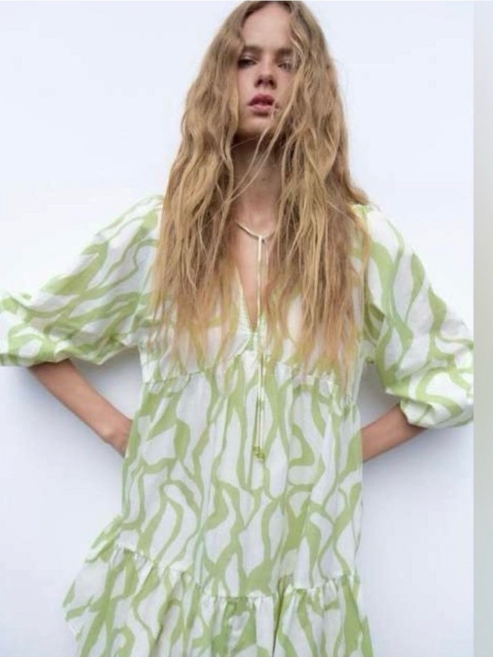 Sunday White and Light Green Printed Tiered Dress